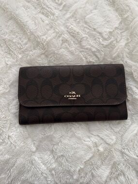 Coach Continental Wallet in Dark Brown Signature Print with Gold Logo